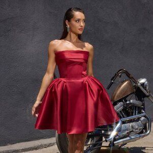 New Strapless Mini A-Line Satin Gown w/ Pleated Bodice & Straight Neck CD KV1133